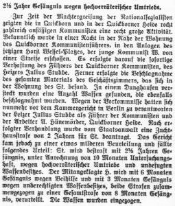 Verurteilung Julius Stubbe (Quickborn-Hasloher Tageblatt 30.01.1934)