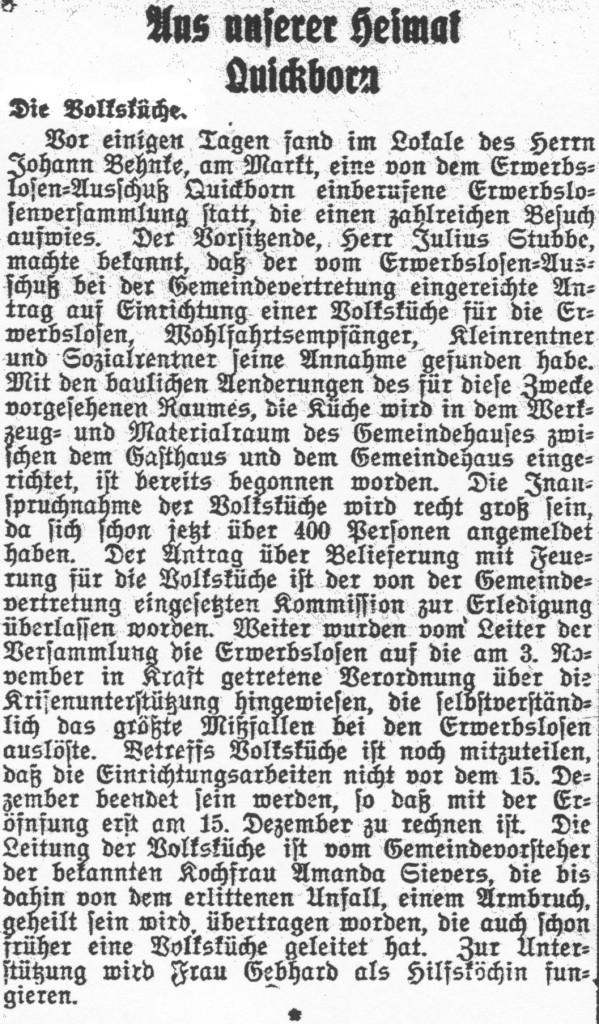 Volksküche Quickborn (Quickborn-Hasloher Tageblatt, 05.12.1930)