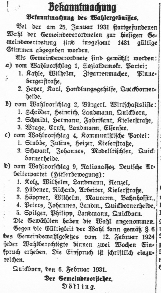 Mandatsträger Gemeindevertreterwahl 1931 (Quickborn-Hasloher Tageblatt, 07.02.1931)