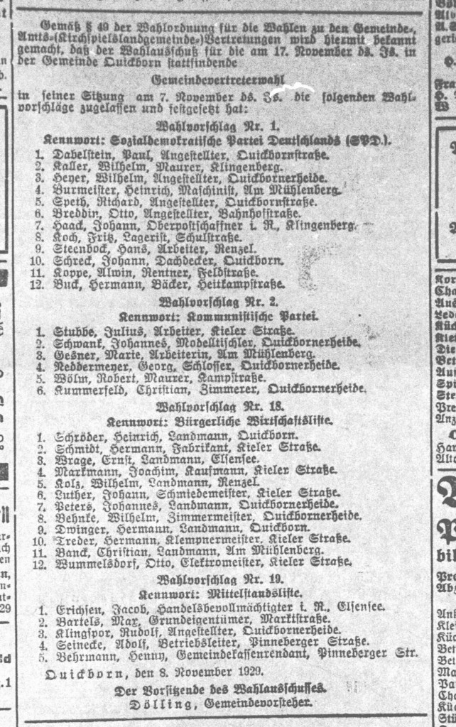 Wahlliste Gemeindevertreterwahl Quickborn (Pinneberger Tageblatt, 09.11.1929)