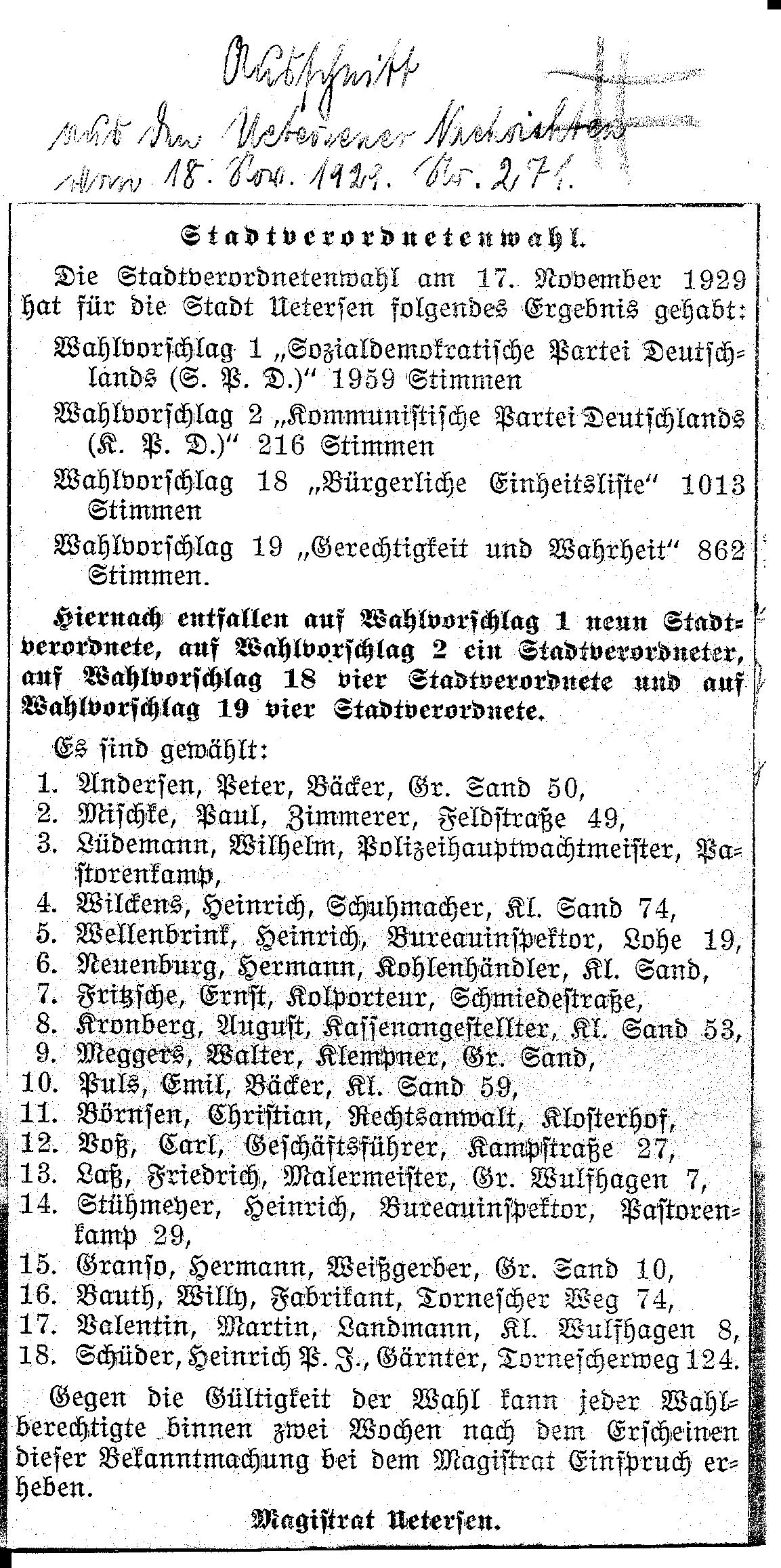 Uetersener Nachrichten vom 18.11.1929