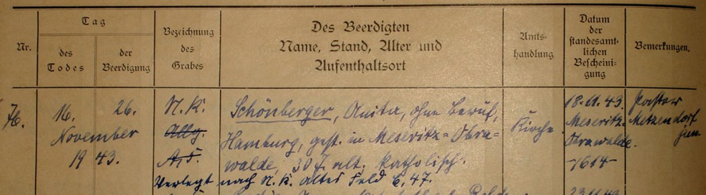 Eintragung im Beerdigungsregister