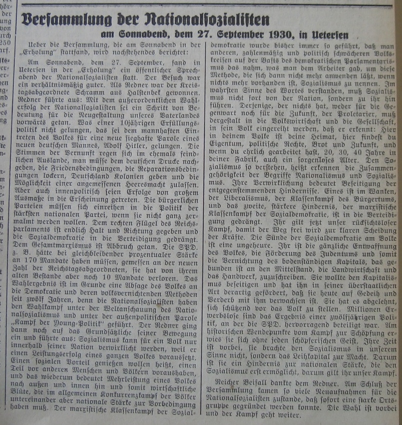 Versammlung der Nationalsozialisten am Sonnabend, dem 27. September 1930, in Uetersen. Uetersener Nachrichten. 01.10.1930